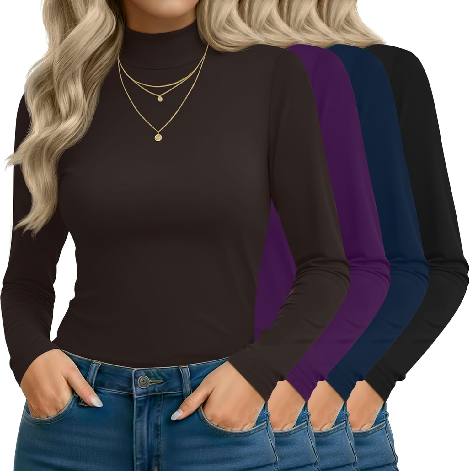 Neer 4 Pack Women's Mock Turtleneck Tops, Slim Fitted Long Sleeve Shirts Mock Neck Basic Undershirts Lightweight Layer Tee