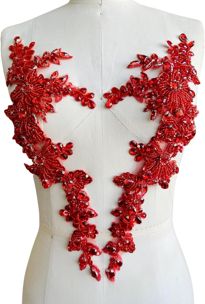 Handmade Rhinestones lace Trim Patches handsewing Beads Applique for Dress One Pair DIY Accessories (Red)
