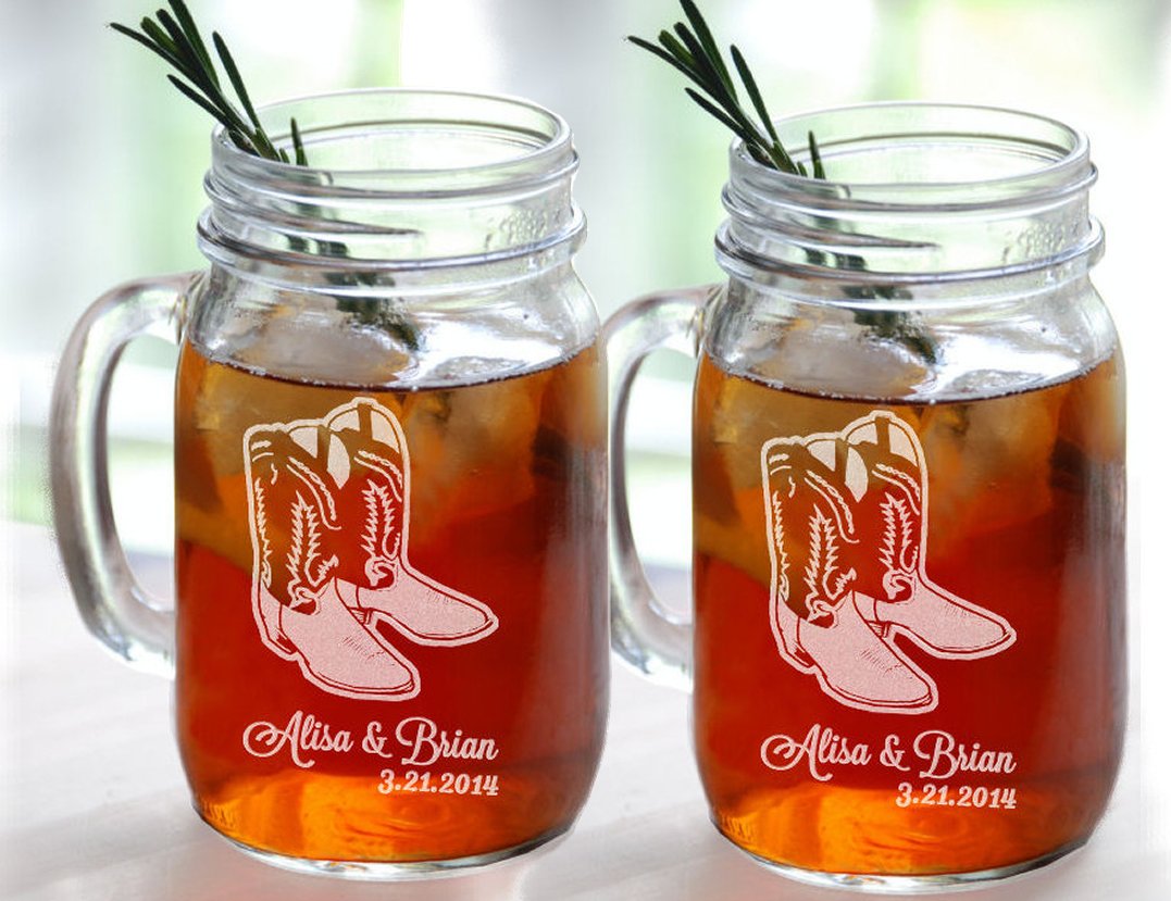 Set of 2 Cowboy Boot Wedding Personalized Mugs Mason Jar Glasses Wedding Party Country Western Barn Wedding Bridesmaid Groomsmen Gifts Favors by Custom-Engraved-Glasses-by-StockingFactory