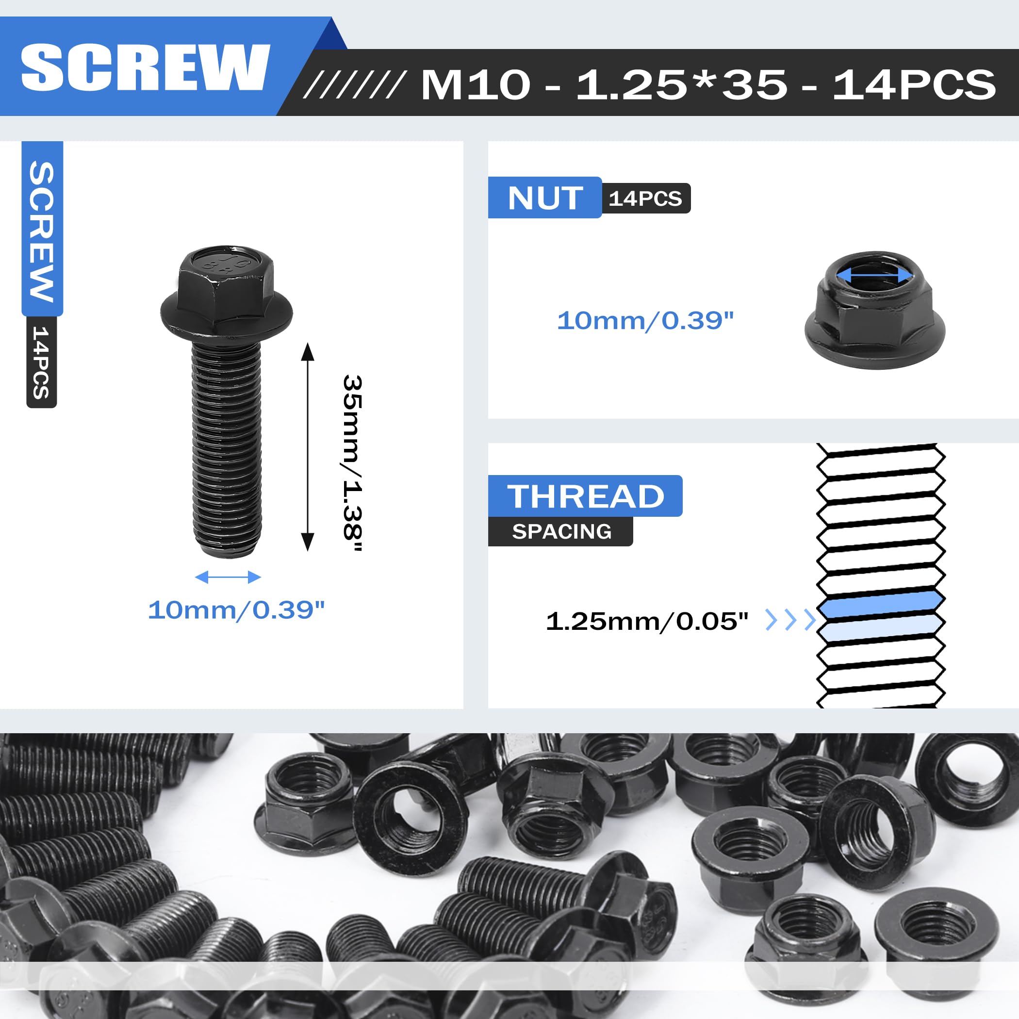 M10-1.25 * 35-14 pernos de cabeza hexagonal con brida (tipo de autobloqueo) tuercas, tornillos tuercas para motocicleta rosca gruesa, bomba, coche de reparación, proyecto de bricolaje