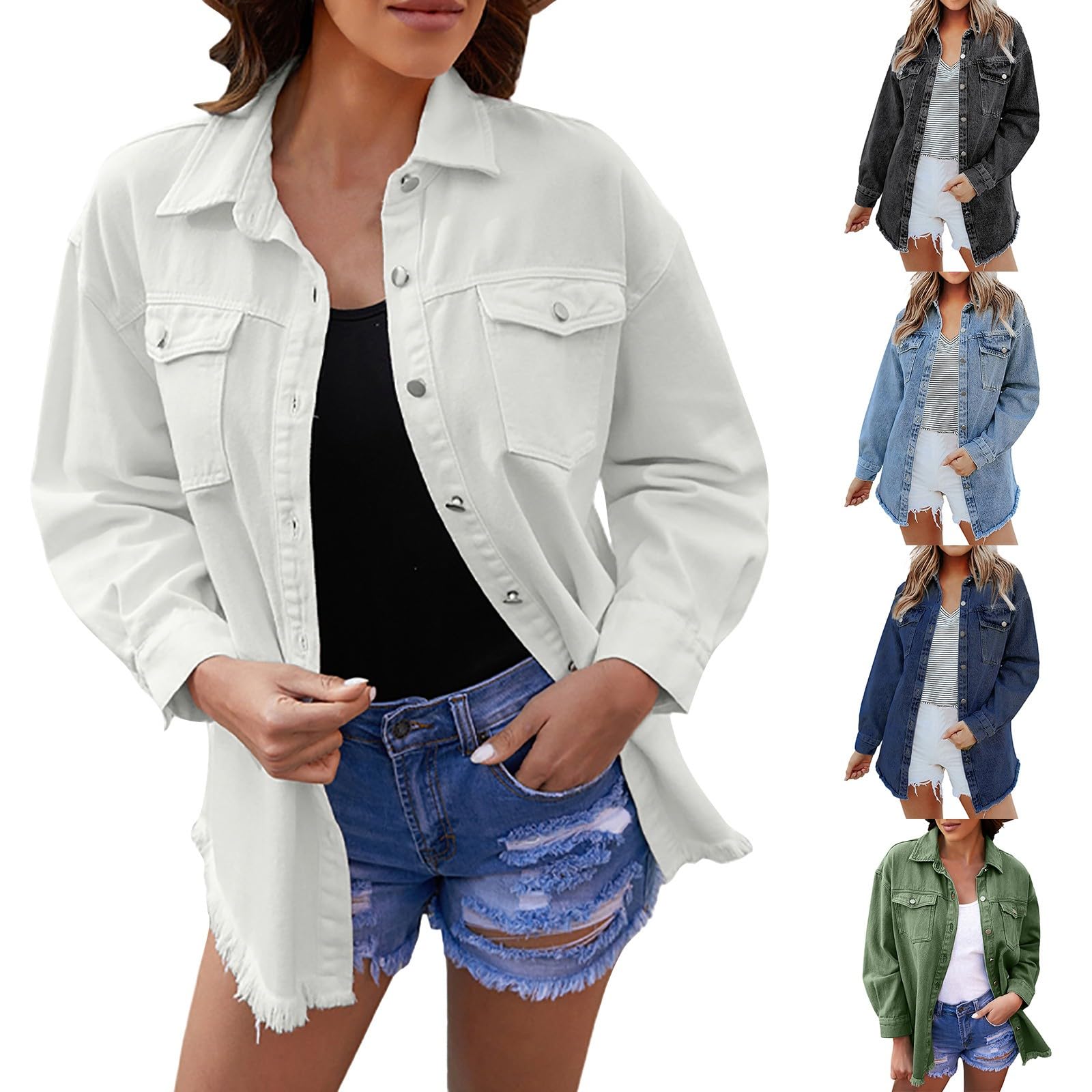 Camisa vaquera de manga larga para mujer, chaqueta vaquera blanca elástica, blusa vaquera larga con botones, chaqueta de mezclilla, chaqueta de entretiempo ligera con bolsillos, chaqueta informal de