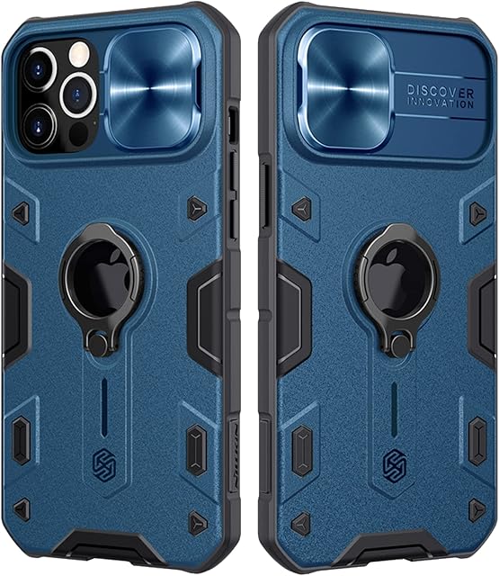 CloudValley Compatible with iPhone 12 Pro Max Case with Camera Cover & Kickstand, Slide Lens Cover + Built-in 360° Rotate Ring Stand, Blue