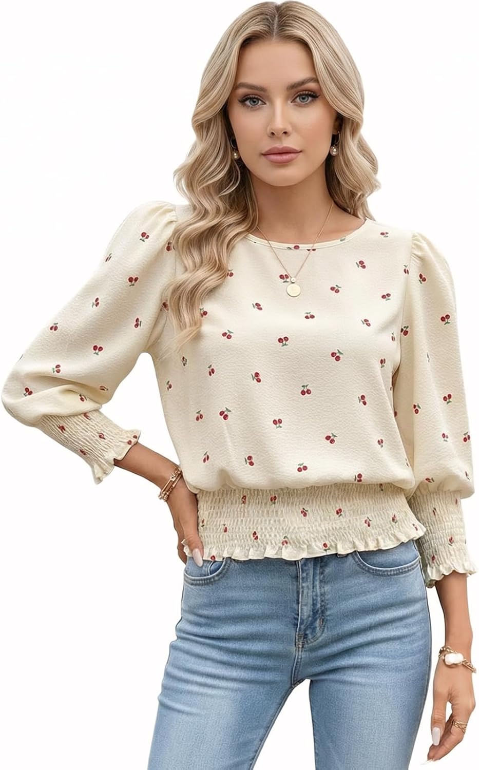 Women Cinched Waist Tops Banded Bottom Puff Sleeve Smocked Top Chiffon Blouse Dressy Casual Outfits