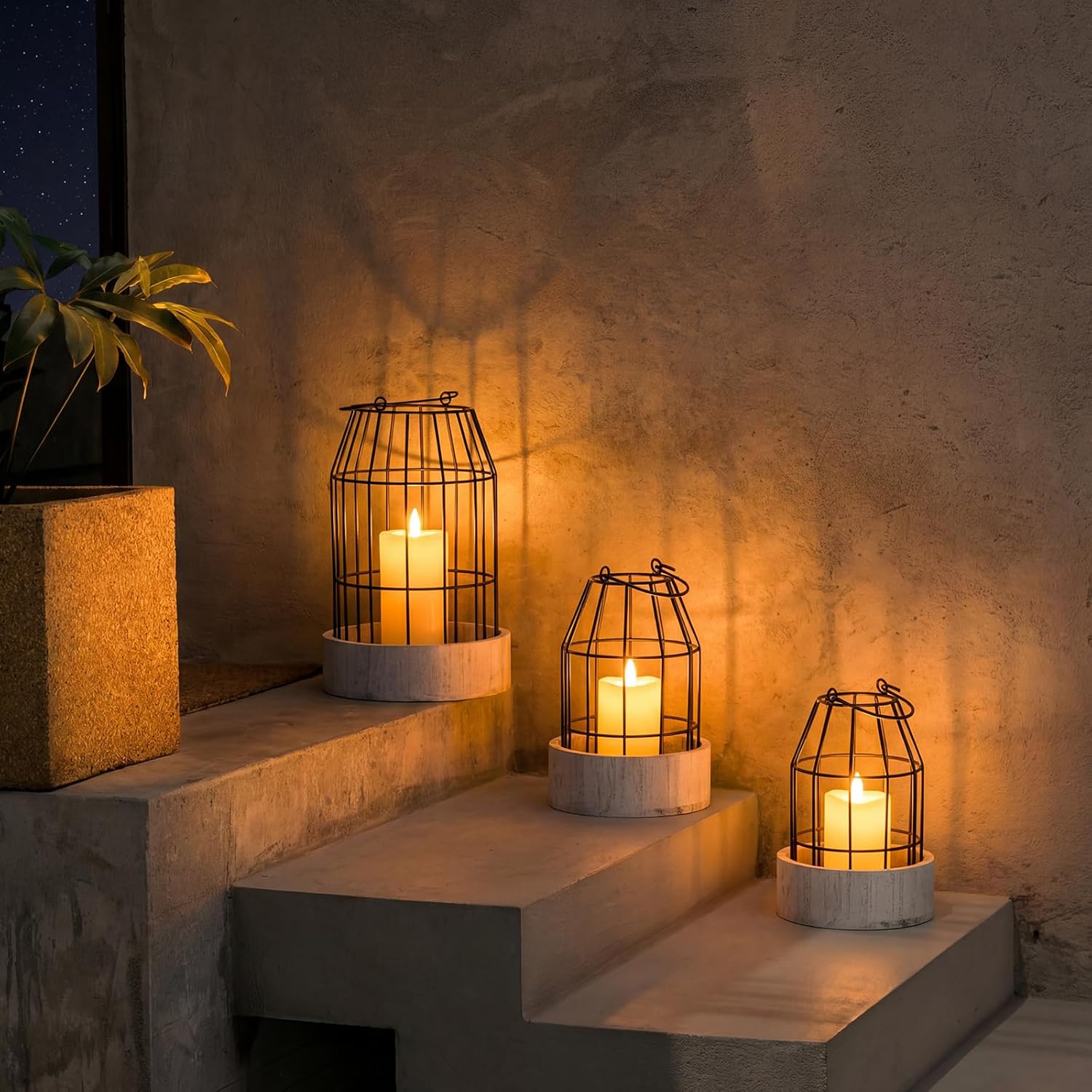 Farmhouse Lanterns Set of 3 Rustic Wire Metal Candle Cloche Decorative Indoor Vintage Cage Candle Holders Modern Home Decor for Fireplace Mantle Dining Room Table Centerpieces(Grayish White, Black)