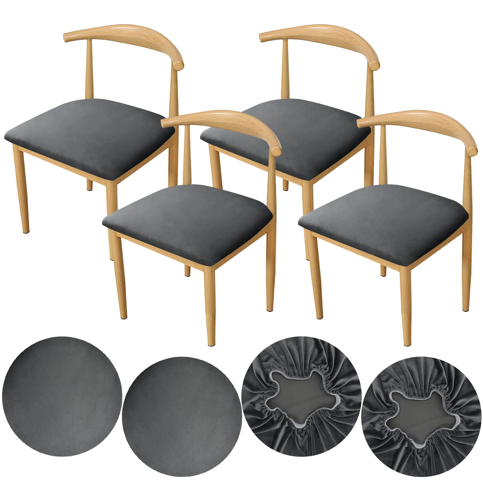 YINGAYOU Velvet Seat Covers for Dining Room Chair 35-50cm/14-19 Seat Cover Velvet Luxury Fabrics Super Stretchy and Soft and Beautiful, Washable, Dustproof (4, Grey)