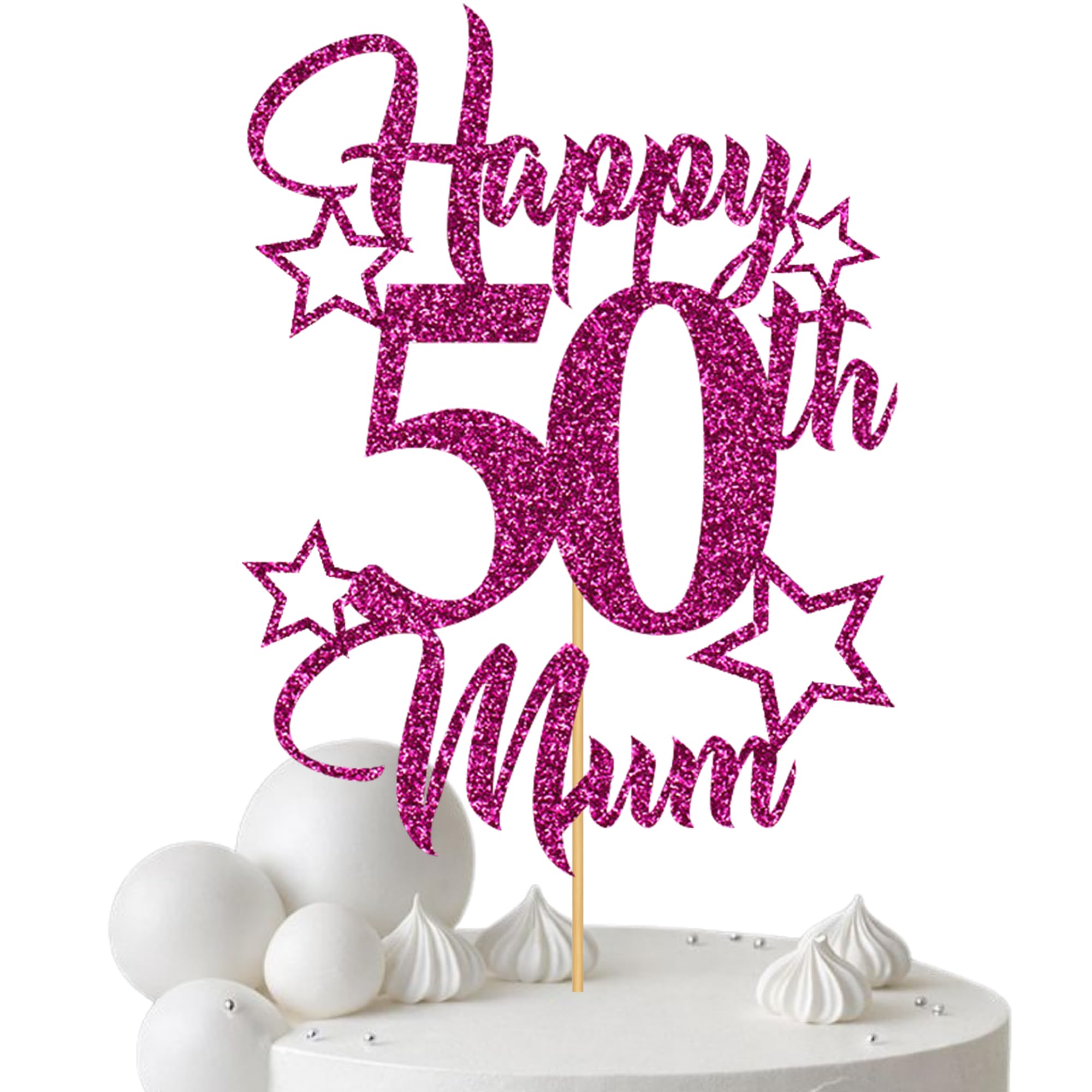 Glitter Birthday Cake Topper for Mum with stars, Birthday Cake Topper, Party Decorations, Party Supplies, 40, 50, 60, 70,80, 90 Many colours (50th, Cerise (20cm))
