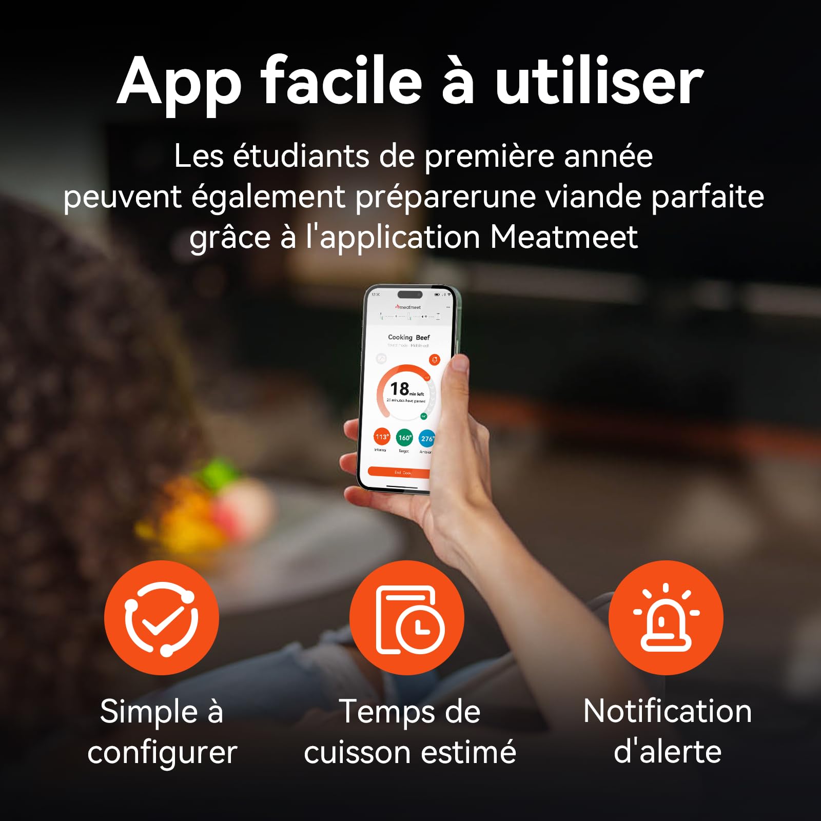 Thermomètre à viande Wi-Fi | Sonde sans fil longue portée pour four, gril, friteuse à air, barbecue | Capteurs doubles | Étanchéité IP67