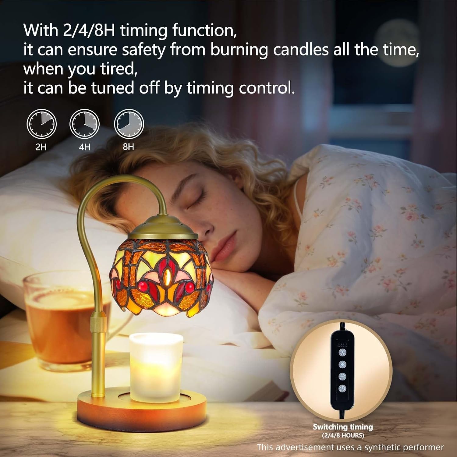 Baroque Tiffany Style Candle Warmer Lamp, Adjustable Height Candle Warmer Lamp with Timer and Dimmer, Dimmable Electric Wax Melter for Scented Candles, Glass Shade, Metal Stem, Marble Base