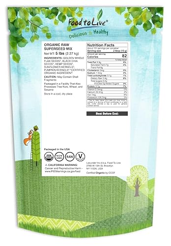 Miniatura 2 de Food to Live - Mezcla de supersemillas crudas orgánicas chía, lino, cáñamo, calabaza y girasol, 5 libras - Mezcla de semillas enteras sin OMG,