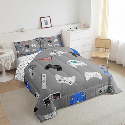 Miniatura 2 de Feelyou Juego de edredón de consola de videojuegos gris para niños y niñas, edredón de varios videojuegos, juego de edredón moderno con controlador