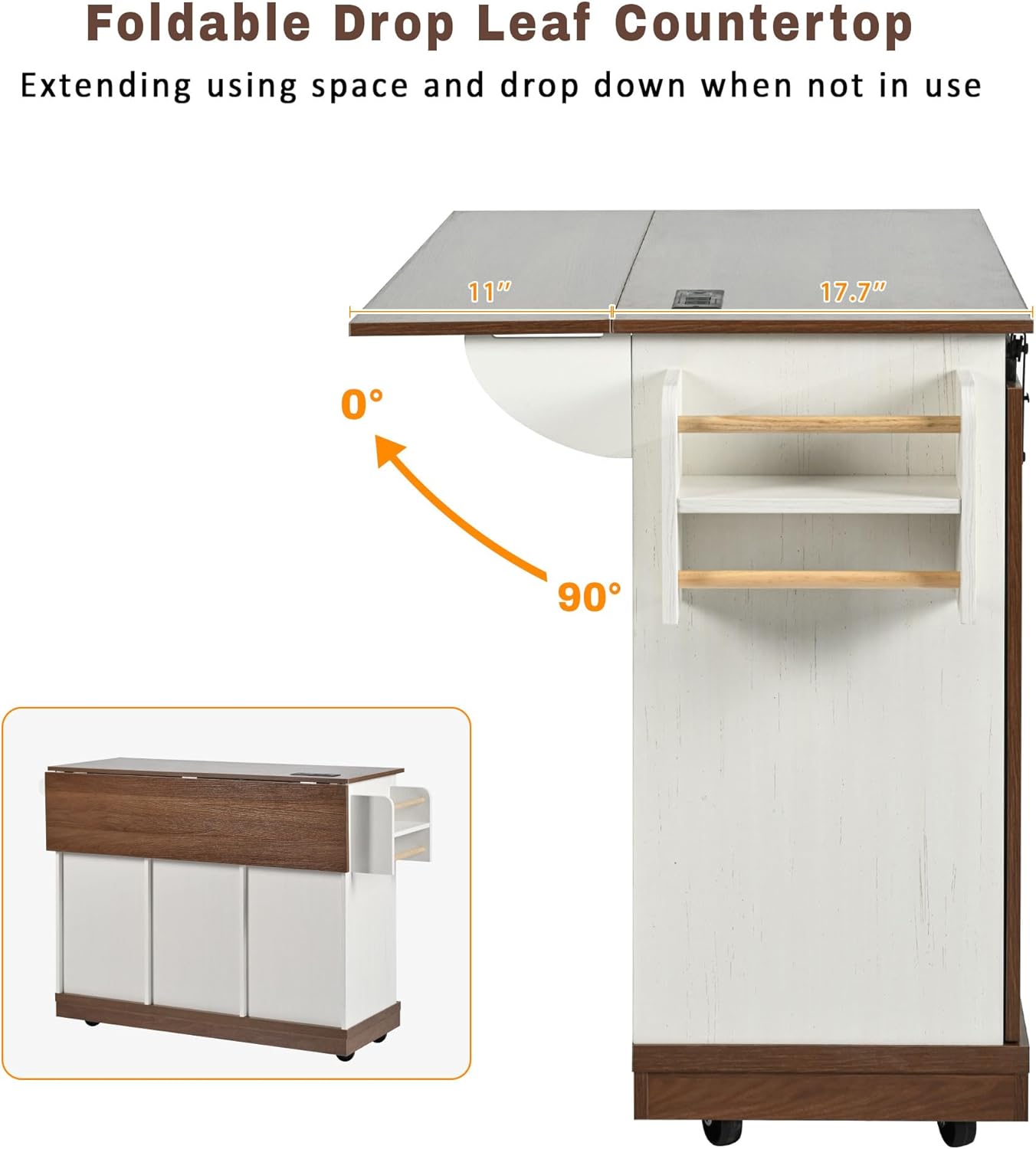 ZMAD 55.5" Farmhouse Kitchen Island with Drop Leaf, Kitchen Storage Island with Barn Door, Power Outlet, Rolling Kitchen Cart on Wheels with Spice Rack, for Home, Kitchen, Dining Room (White, 55.5")