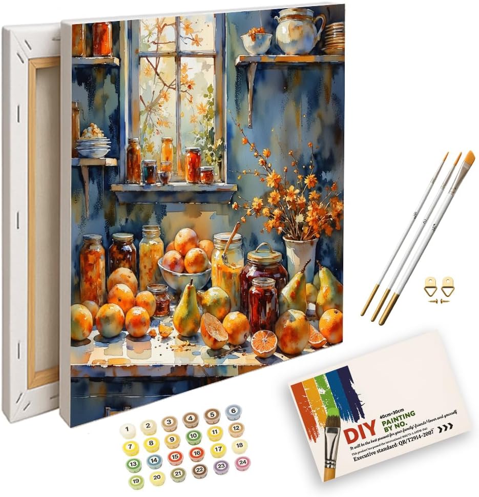Still Life Paint by Numbers Kit for Adults - DIY Autumn Fruits and Preserves on Kitchen Counter Painting on Canvas 12X16IN framed, Acrylic Paint Set for Beginners, Rustic Art for Decoration/Gifts