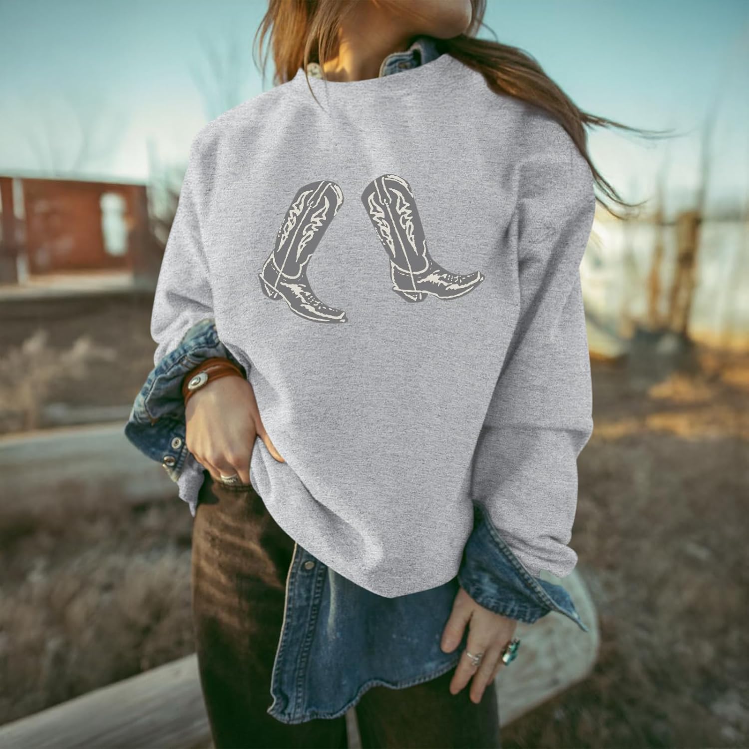 Western Cowgirl Boots Graphic Sweatshirts For Women Country Vintage Hoodies Long Sleeve Cowboy Rodeo Shirts Pullover - Image 4
