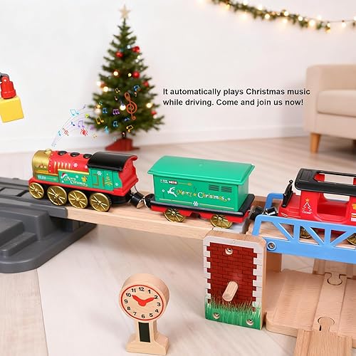 Miniatura 2 de Tren a pilas para pista de madera, juego de locomotora de tren motorizado de Navidad con conexión magnética, luces y sonidos, accesorios de tren de