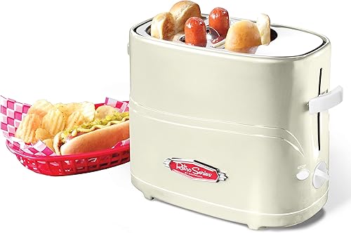 Nostalgia Tostadora de 2 ranuras para perros calientes y moños con mini pinzas, tostadora para perros calientes funciona con pollo, pavo, eslabones