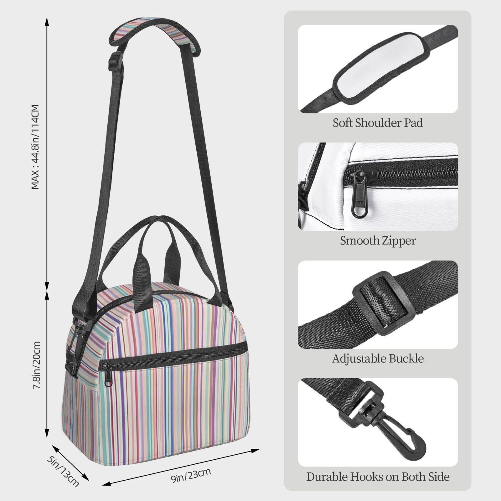 Sac à déjeuner isotherme réutilisable à rayures colorées pour adultes pour le travail, les voyages, les femmes et les hommes