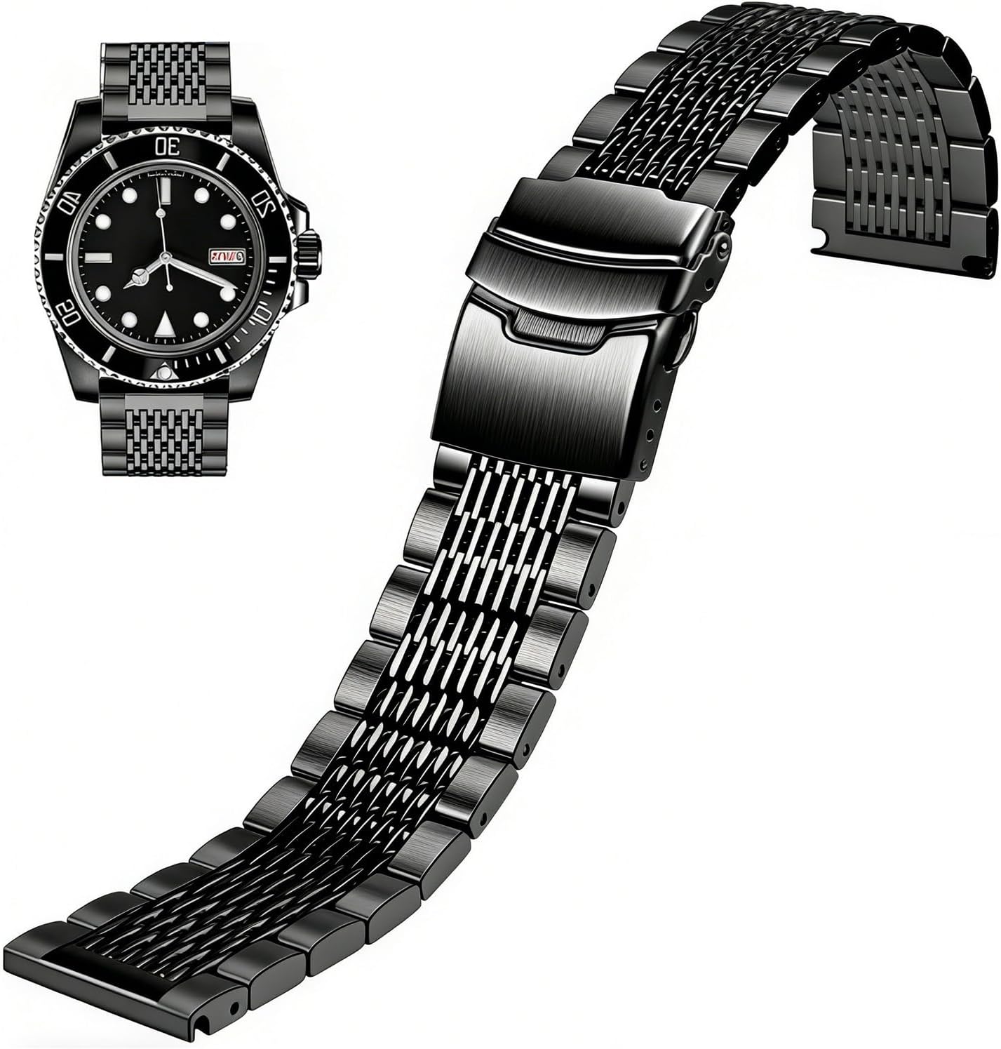 Juntan Stainless Steel Watch Band, 18mm 20mm 22mm 24mm Metal Watch Bands Straps for Men Women, Adjustable Business Watch Bracelet Silver Black with Solid Double Deployment Clasp