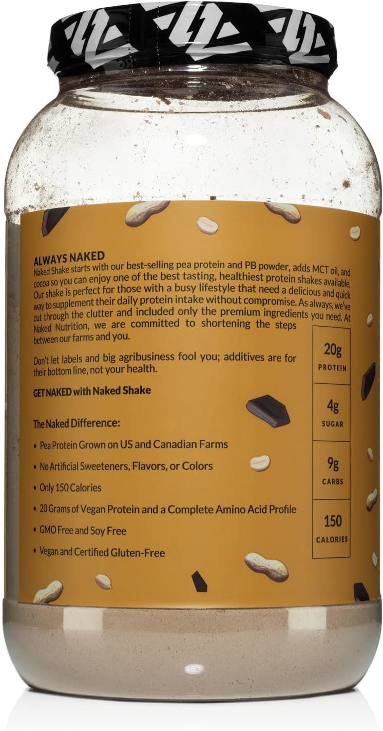 NAKED Shake - Chocolate Peanut Butter Protein Powder - Vegan Protein Powder from US & Canadian Farms with MCT Oil, NSF Certified, Gluten-Free, Soy-Free, No GMOs or Artificial Sweeteners - 30 Servings