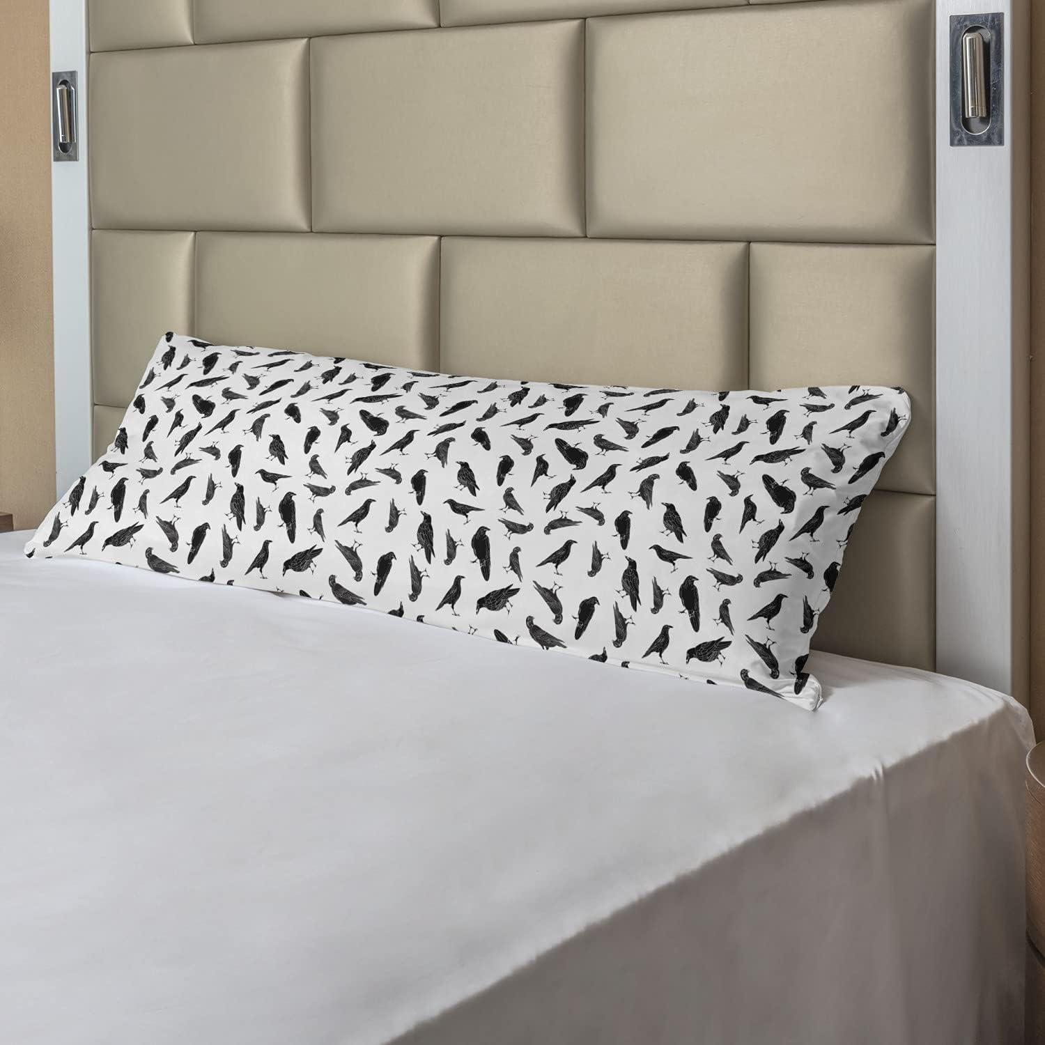 Ambesonne Raven Body Pillow Case Cover with Zipper, Contemporary Crows in The Directions Orderly Repeated Pattern Artwork, Decorative Accent Long Pillowcase, 21" x 54", White and Charcoal Grey