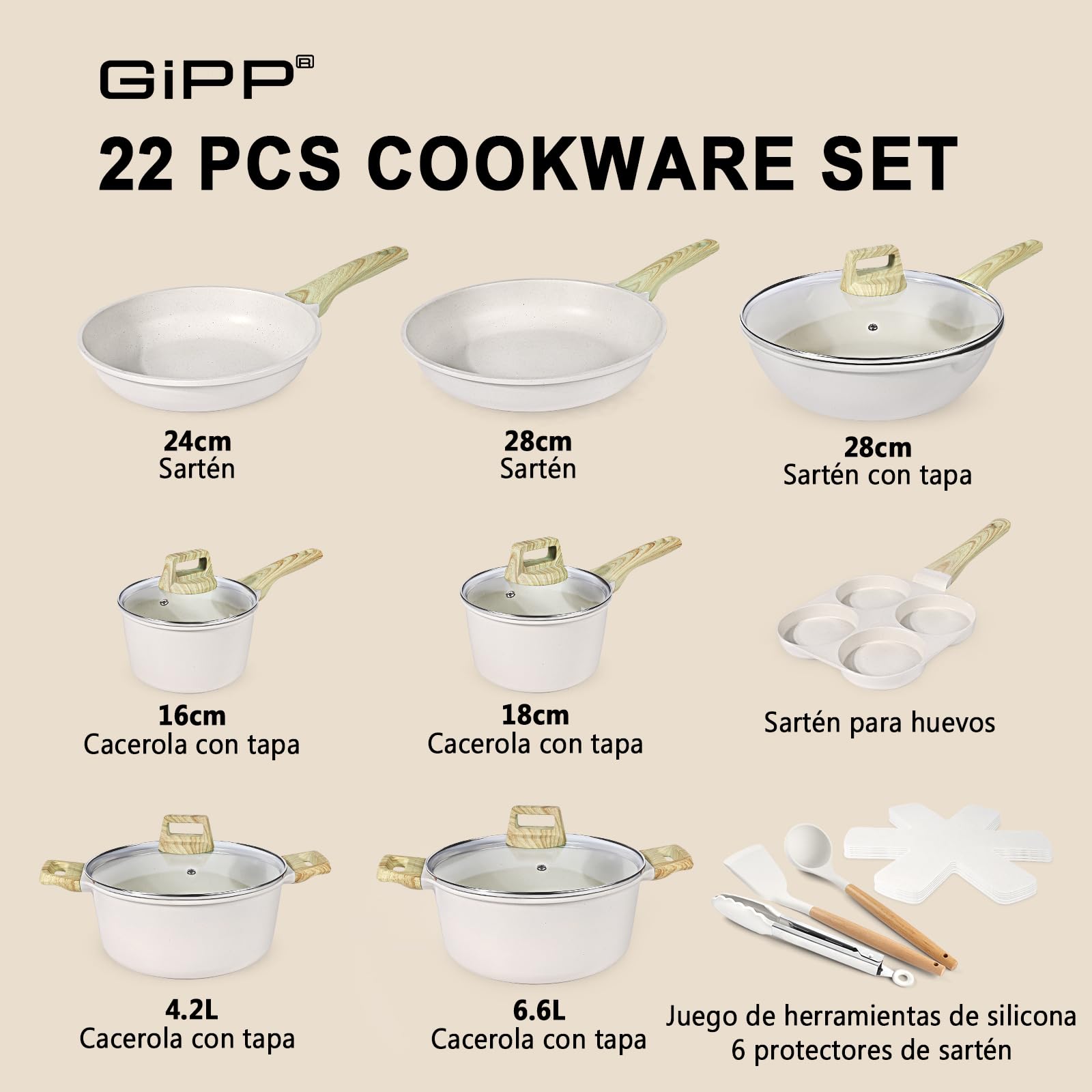 GiPP 22 Piezas Inducción Juego de Sartenes - Juego de Sartenes y Cacerolas con Revestimiento Cerámico Antiadherente, Batería de Cocina sin Tóxicos, Apta Para Diferentes Tipos de Cocinas, Blanco