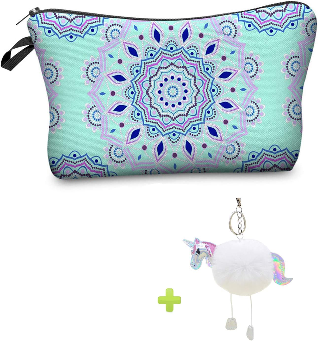 Mandala Cosmetic Bag, Waterproof Travel Make Up Pouch Pencil Case Gift for Girls School with Unicorn Keychain (blue)