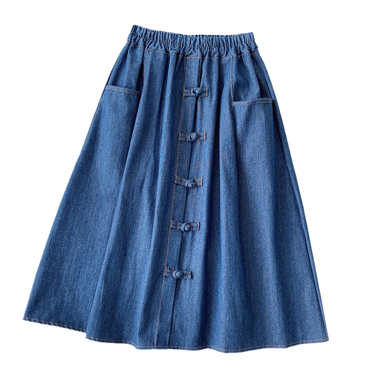 Gonna da donna estiva in denim vintage, linea ad A, a vita alta, lunghezza al ginocchio, con tasca