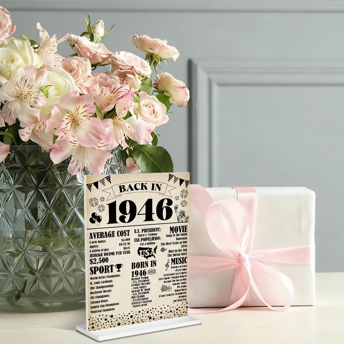 80th Birthday Decorations for Women Man Back In 1946 Acrylic Sign 80 Year Old Table Poster With Stand Party Supplies 1946 Birthday Decorations for Display Holder Table - Image 4