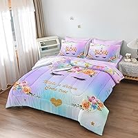 Vista 7 de Juego de sábanas de edredón de unicornio morado, tamaño matrimonial, 8 piezas, cama en una bolsa con 1 edredón, 4 fundas de almohada, 1 sábana