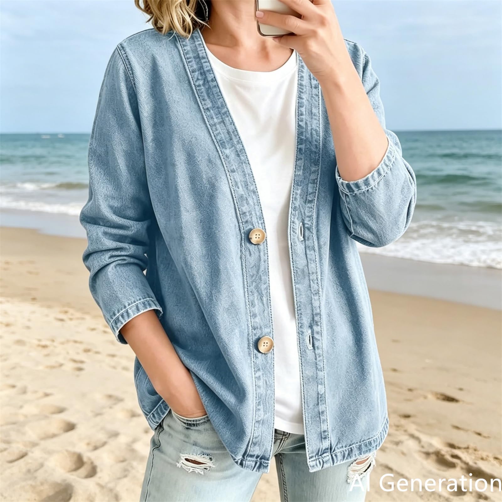 Generico Giacca di Jeans Classica da Donna con Bottoni Frontali – Cardigan in Denim Vintage con Scollo a V