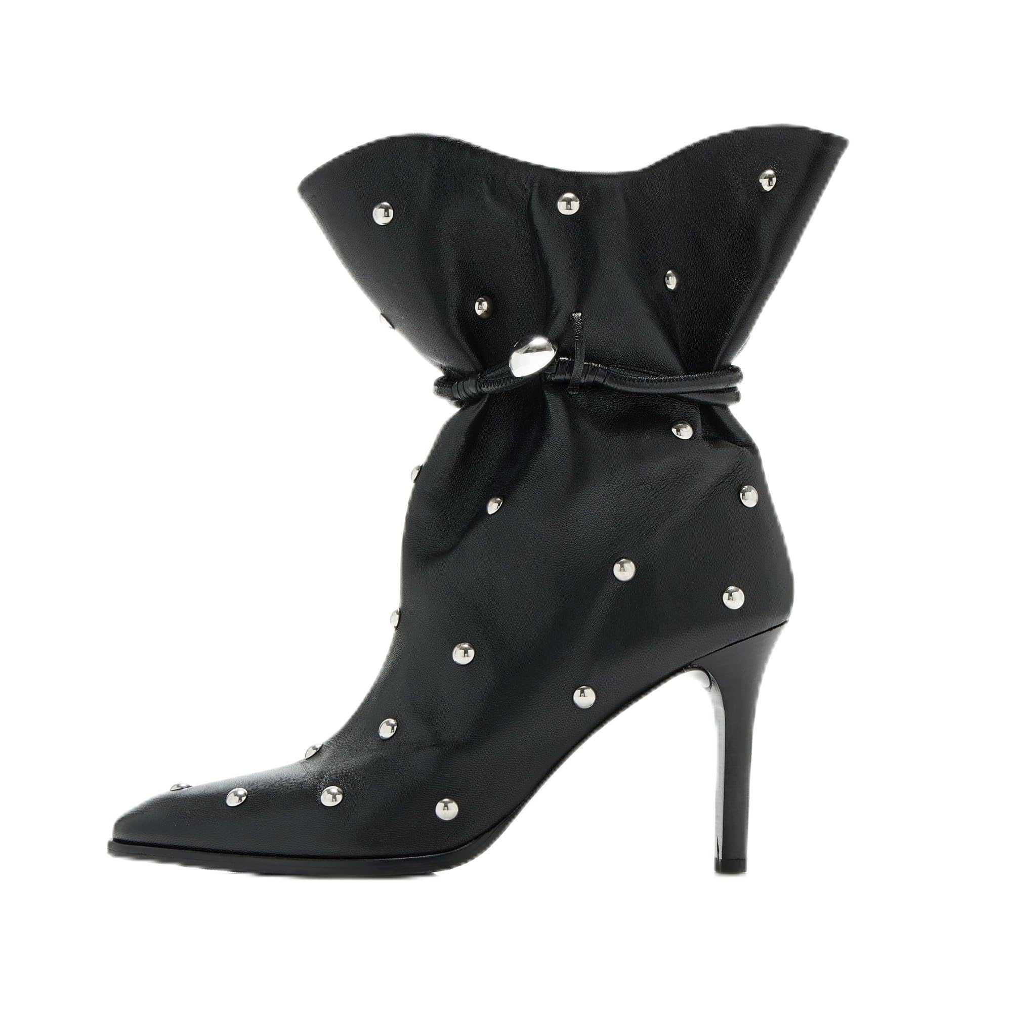 Slouchy Mid Calf Boots for Women Stiletto High Heel Pointed Toe Boots Short Metal Bead Booties Ruffle Wide