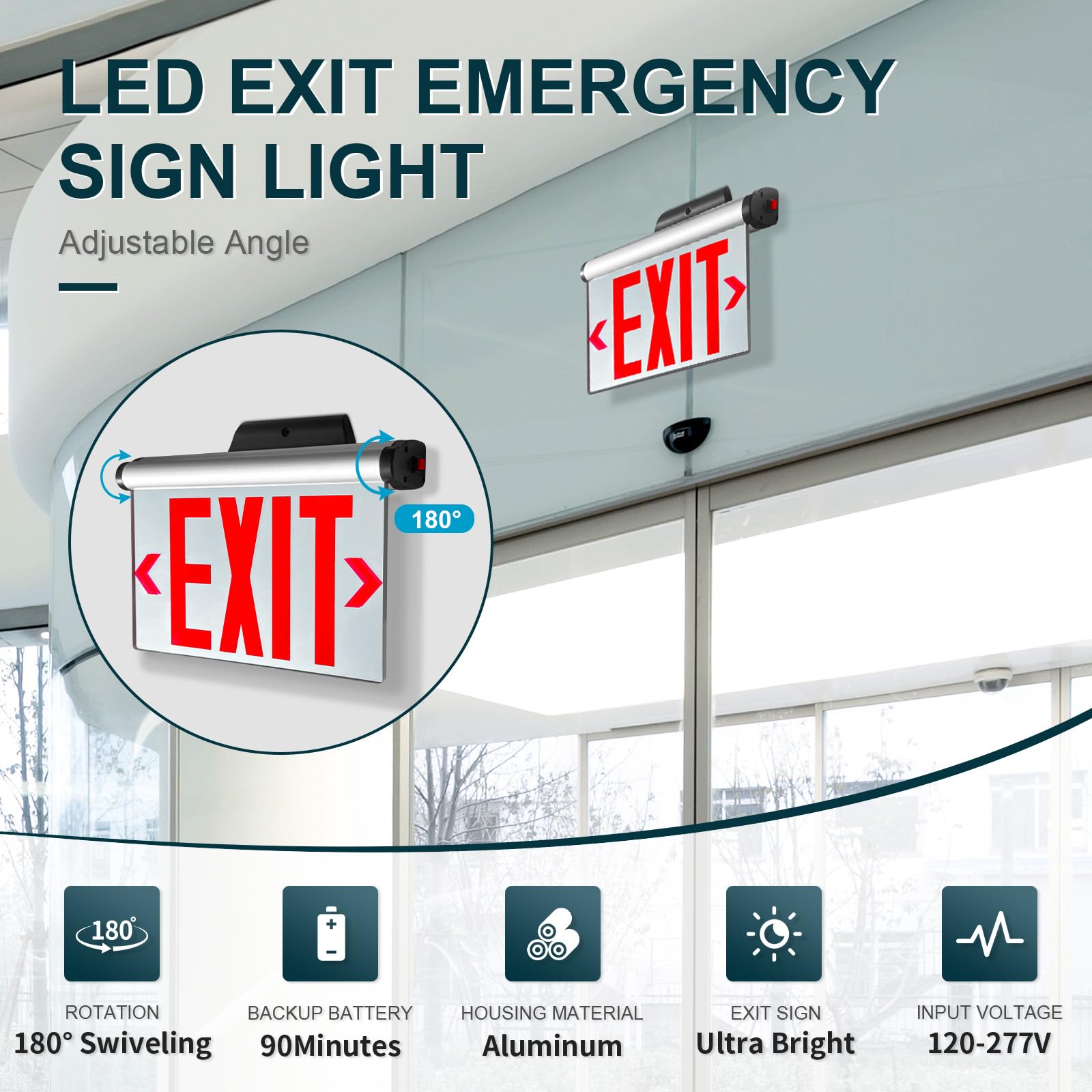 Señal de salida ED con luces LED rojas, carcasa de aluminio, placa acrílica giratoria con espejo de doble cara, señales de salida de emergencia con cable para negocios, montaje superior
