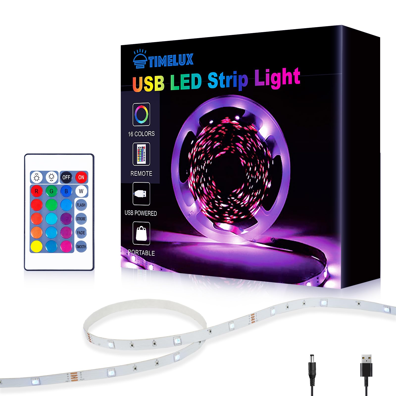 Timelux TV LED Backlights, 10ft LED Strip Lights Behind TV USB Operated Color Changing for 46-65 Inch TV RGB 5050 LED Tape Lights with IR Remote