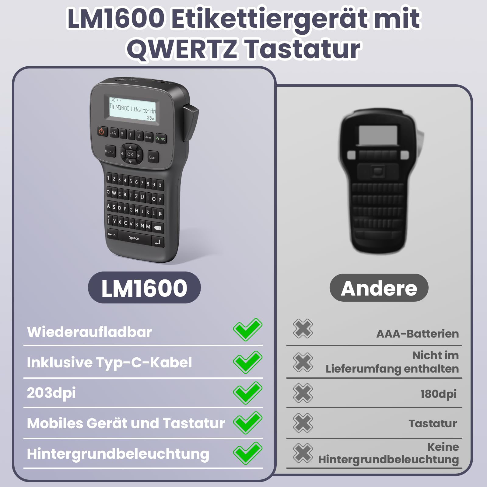 Etichettatrice industriale, portatile, Bluetooth, stampante per etichette con tastiera QWERTZ, adatta per ufficio, casa e officina, LM1600