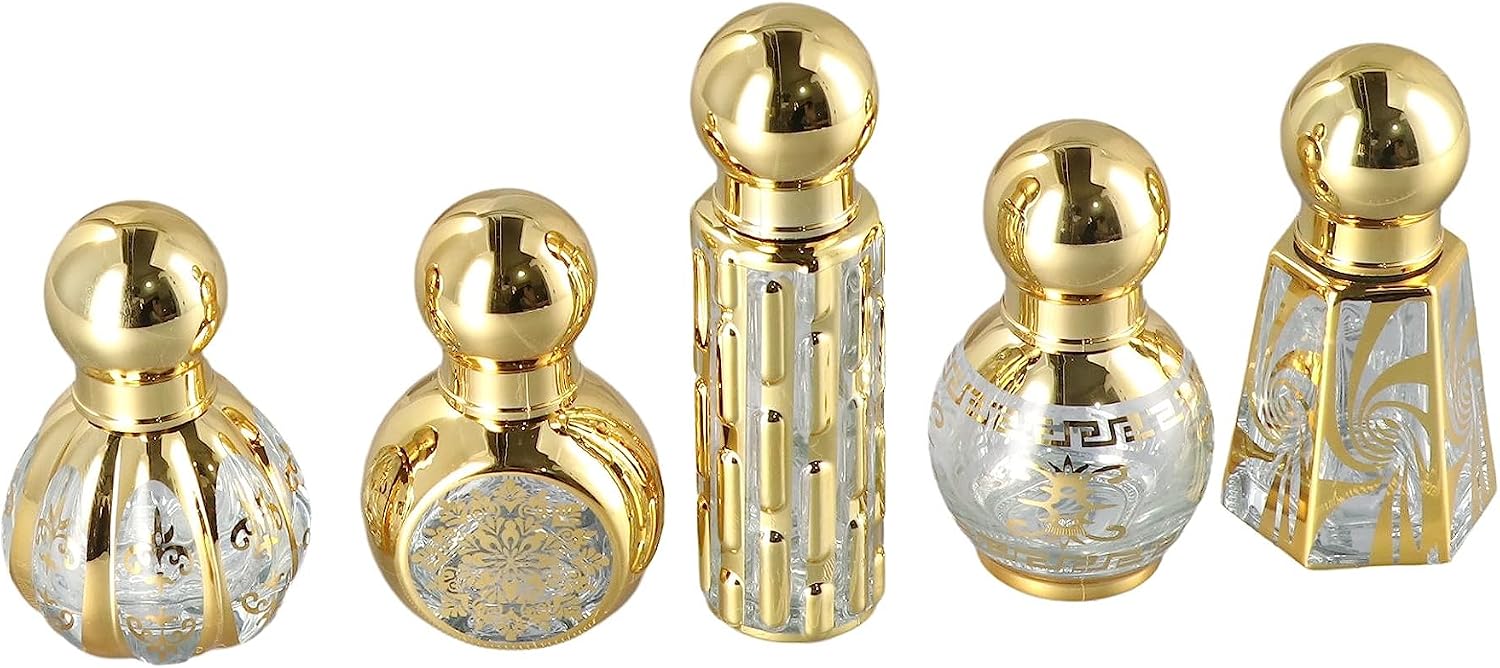 Leadigol Perfume Bottle,Oil Roller Pitcher,Arabic Mini Refillable Bottle Electroplating Oil Container Transparent Empty Roll-On Bottles,5PCS