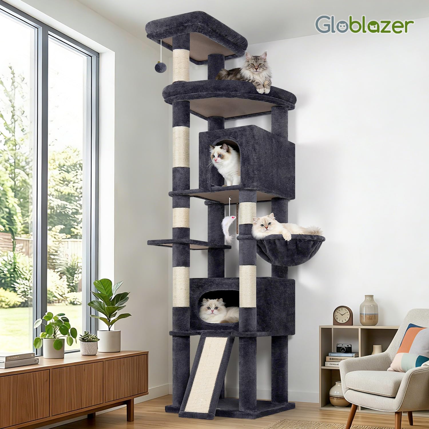Globlazer Árbol Rascador para Gatos XXL 215 cm Alto con 2 Grande Nidos, Extragrande Plataforma, Perchas, Cesta, Tabla Rascar Sisal, Estable Rascador para 3-5 Gatos Adultos Grandes (F84B, Gris Oscuro)