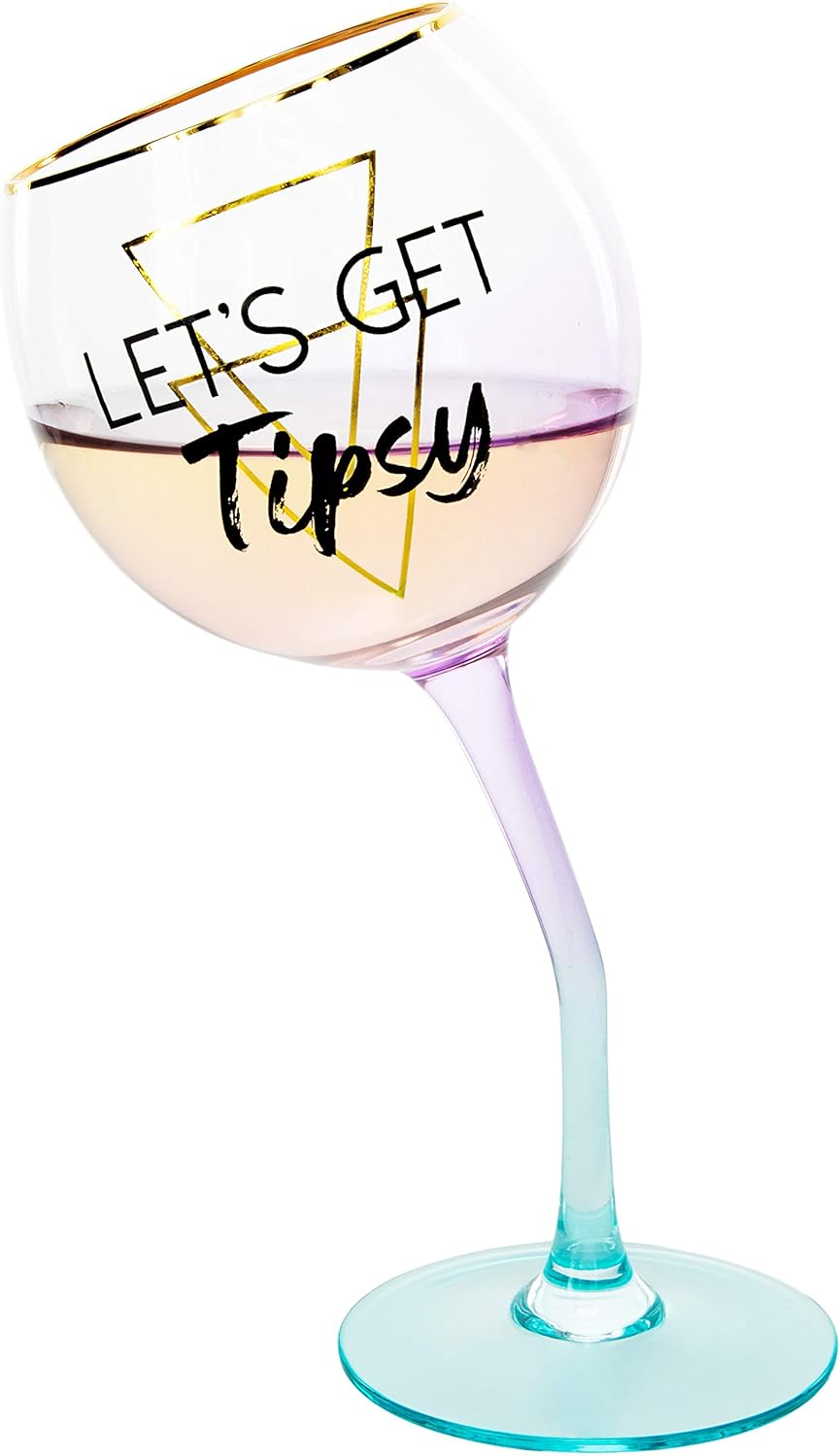 Let's Get Tipsy - 11 Oz Purple Ombre & Gold Unique Tipsy Stemmed Wine Glass (12251)