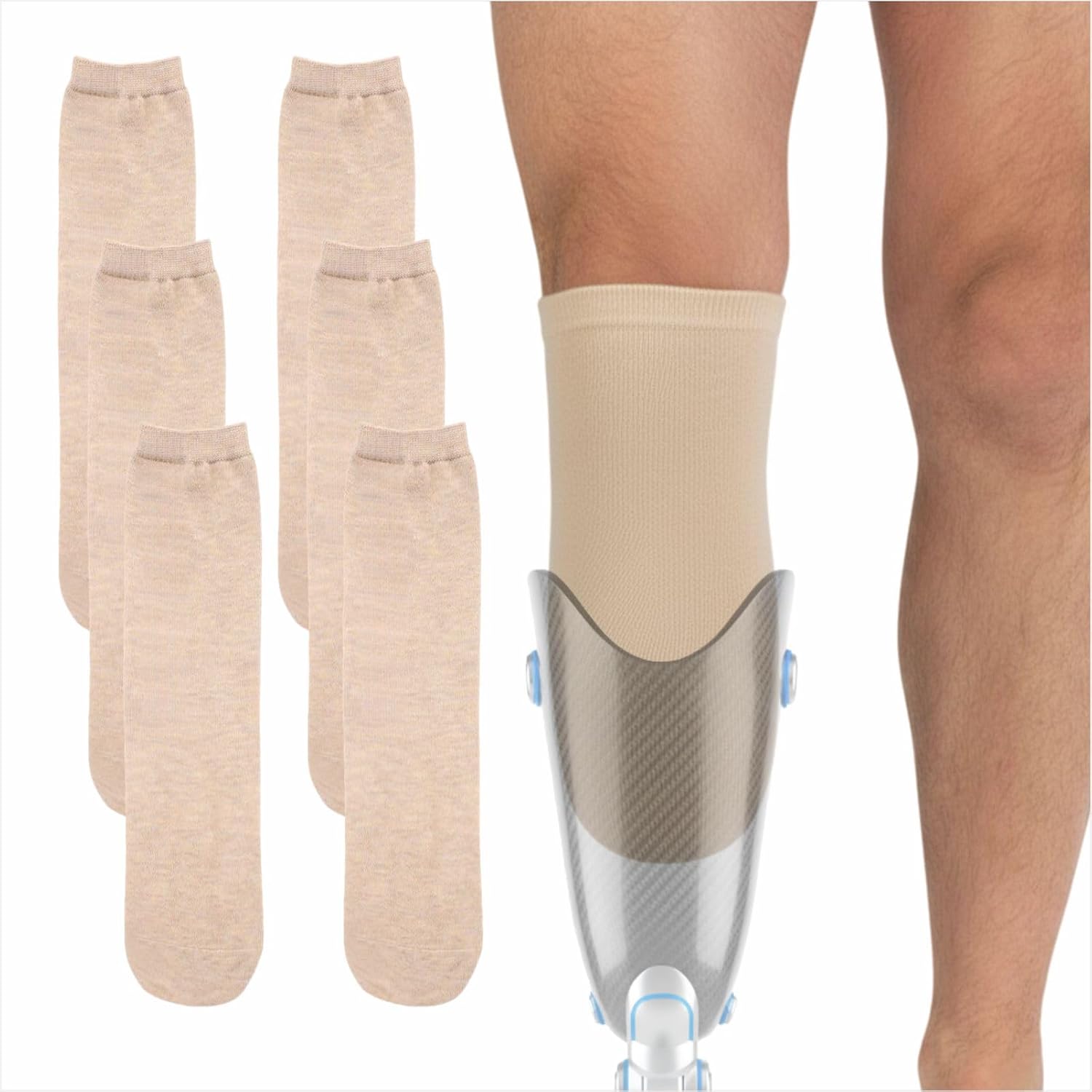 Cotton Prosthetic Socks, Soft Breathable Stump Liners, Multiple Lengths and Colors for Daily Wear, 6-Pack