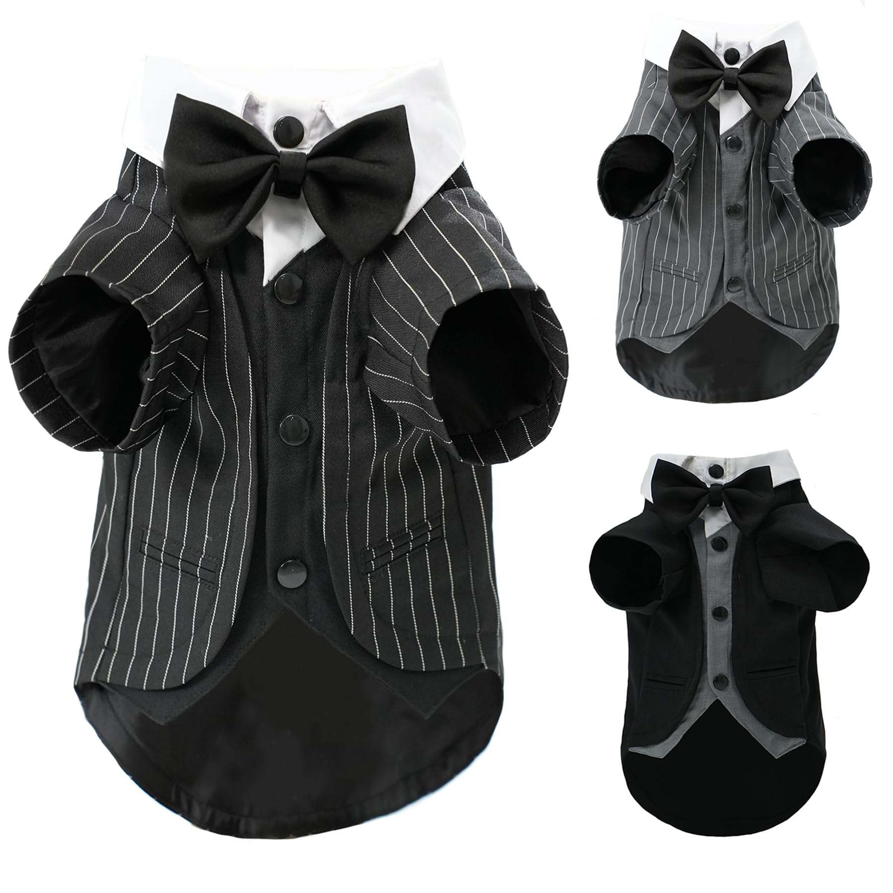 Dog Tuxedo Wedding Suit Shirt with Bow Tie, Formal Outfit Tux Attire for Puppy Small Medium Dogs Cats Costume (Pinstripe Black, Large)