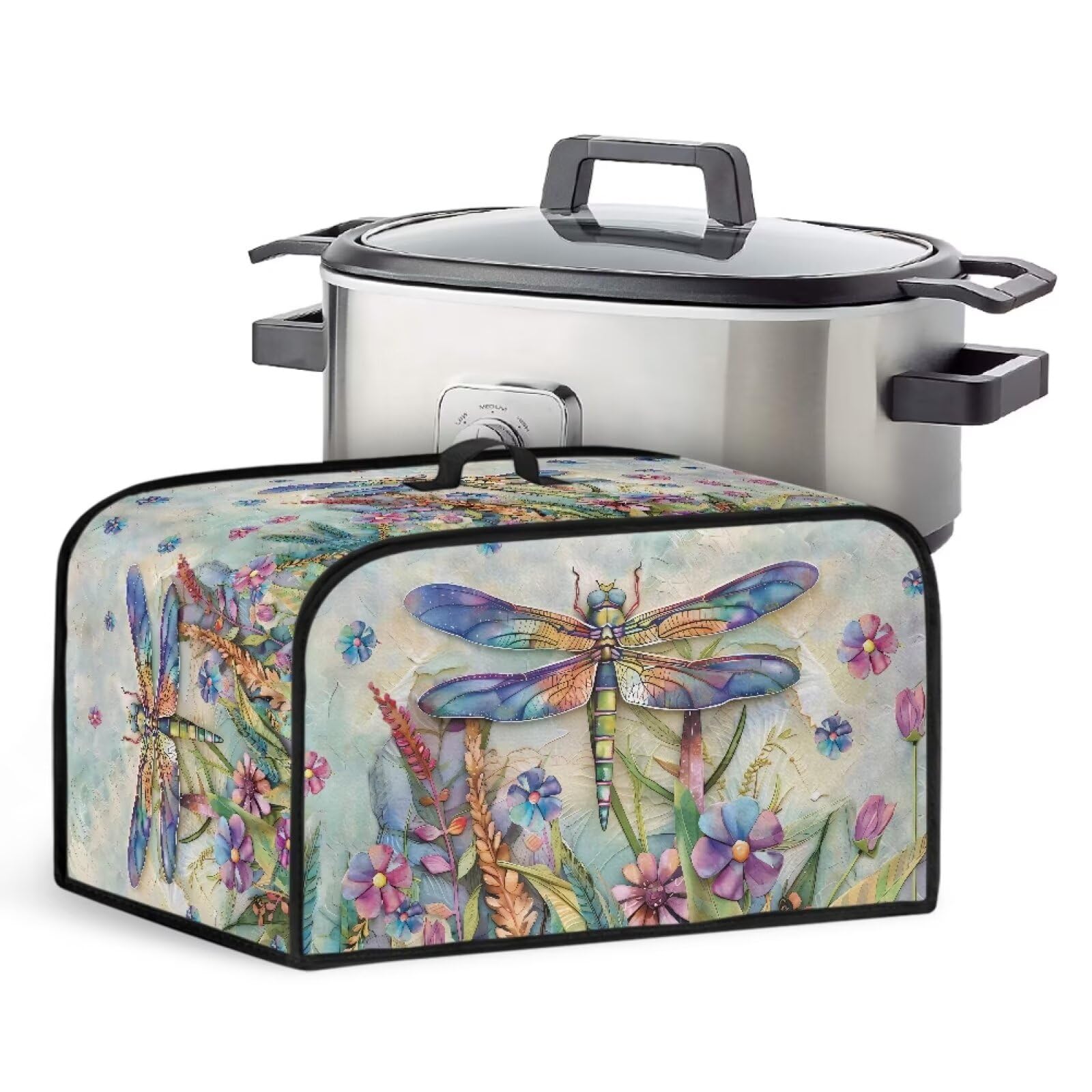 Talayituse Dragonfly Daisy Print Slow Cooker Cover Compatible with Crock-Pot and Hamilton Beach 6-8 qt Slow Cooker, Waterproof Slow Cooker Dust Cover with Handle & Mesh Pocket for Accessories