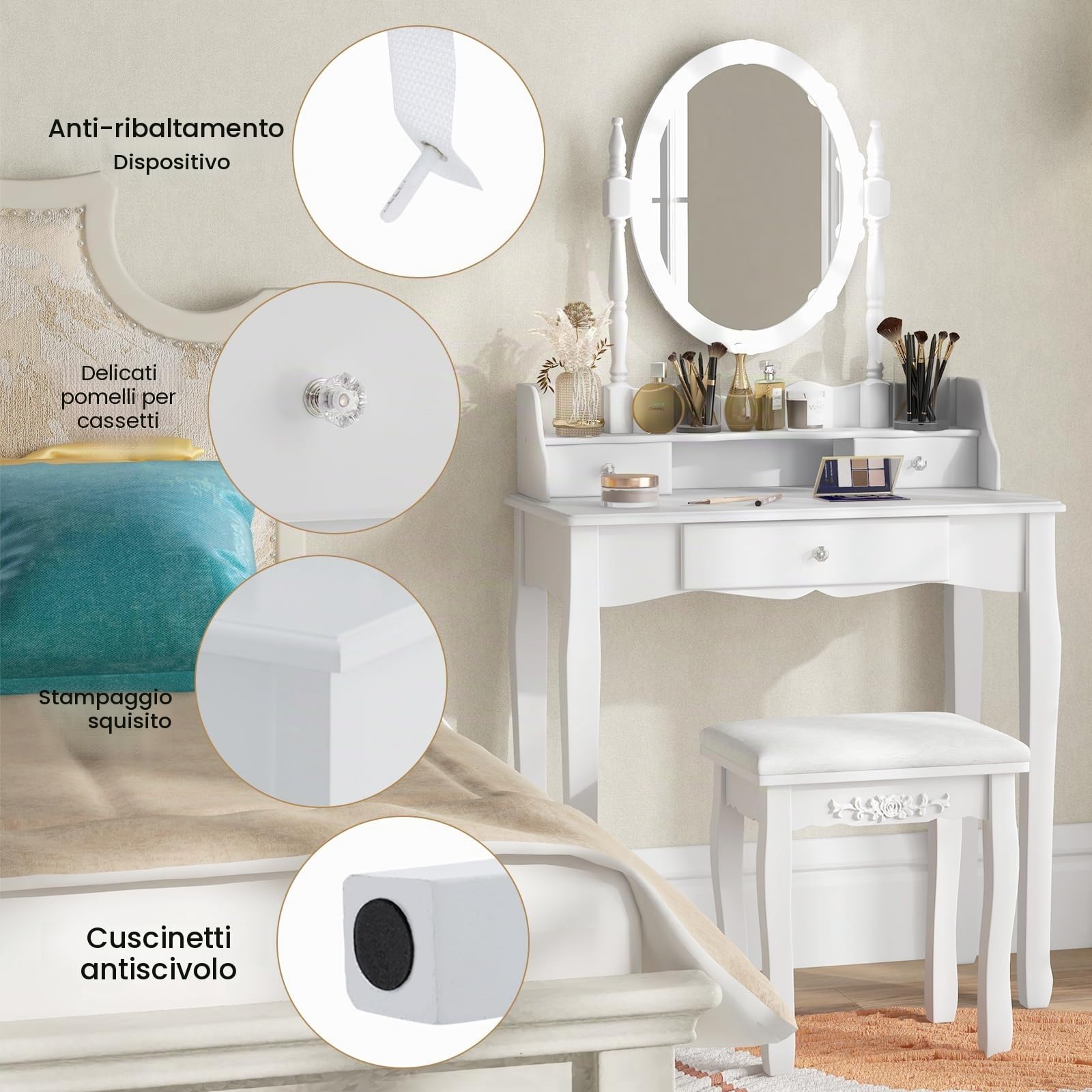 HOMASIS Toeletta da trucco con specchio girevole a 360°, tavolo da toeletta con sgabello in legno, tavolo cosmetico con 3 cassetti e 3 modalità di illuminazione, per camera da letto, 75 x 40 x 143,5