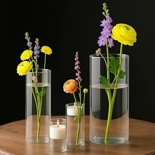 Miniatura 9 de DomeStar 4 jarrones cilíndricos de vidrio para centros de mesa, 4, 6, 8, 10 pulgadas de alto para ramo, vela flotante, decoración del hogar y boda