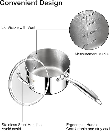 Miniatura 5 de VENTION Cacerola con tapa, cacerola de acero inoxidable de 3 capas con boquilla de vertido, ollas pequeñas de 2 cuartos de galón para cocinar