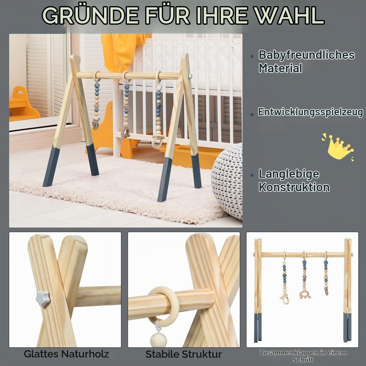 LIFEZEAL Spieltrapez, Spielbogen Baby Holz, Babyspielgerät mit 3 Spielzeugen, Holzspielzeug baby, Baby Turnhalle klappbar, Spieltrapez für Babys ab 3 Monate, Babyzimmer Kinderzimmer (Grau)