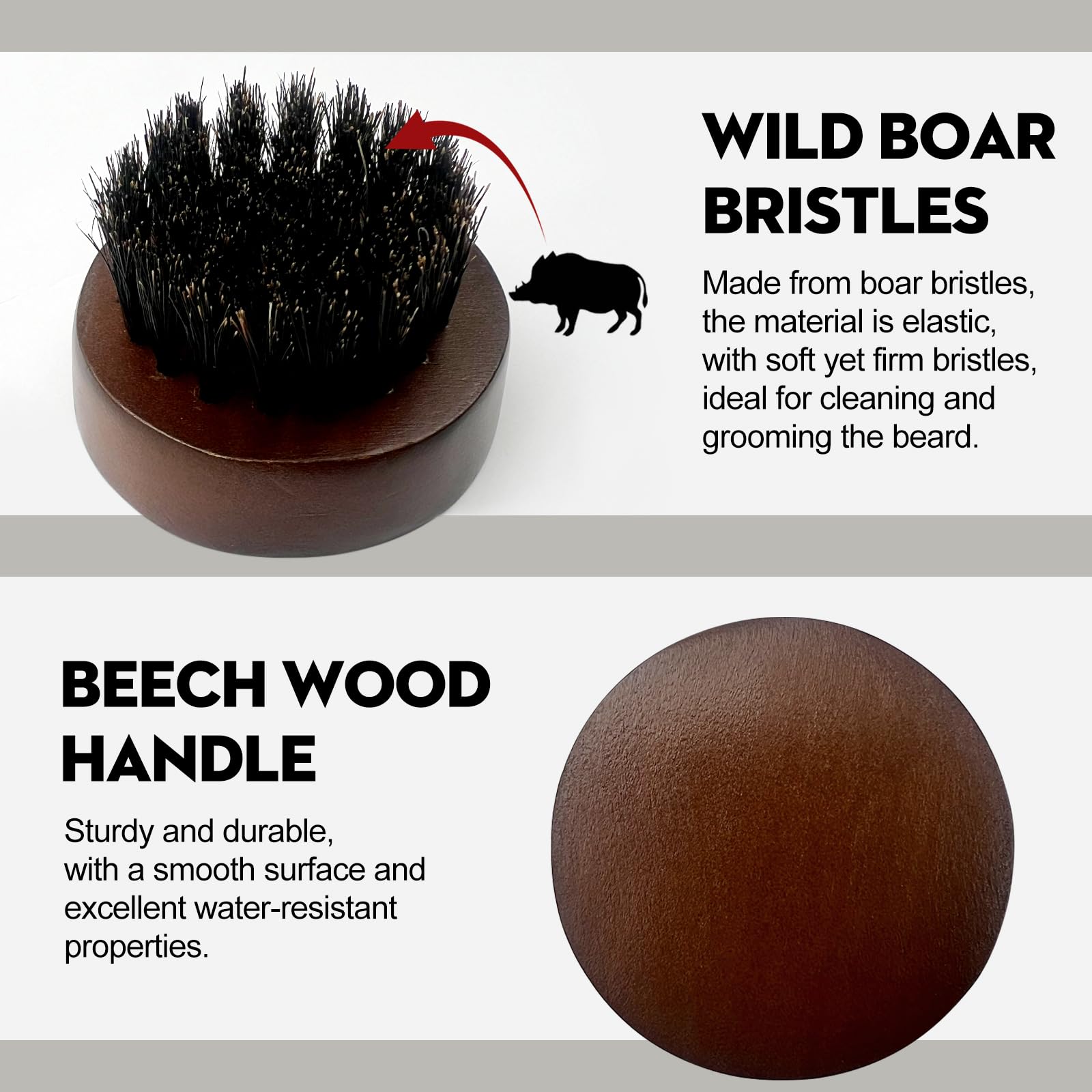 Cepillo para barba para hombre, mango redondo pequeño de madera, cerdas de jabalí sofisticadas