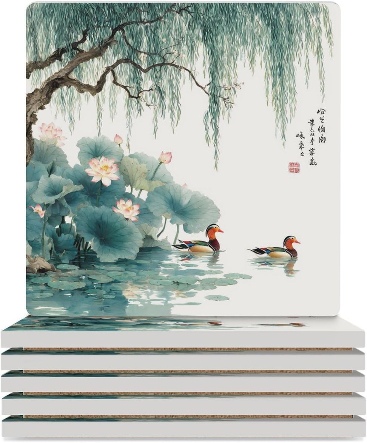 Mandarin Duck Love Bird Coaster for Drinks Square Ceramic Table Coasters Stone Mat Crafts 6PCS Home Kitchen Decor