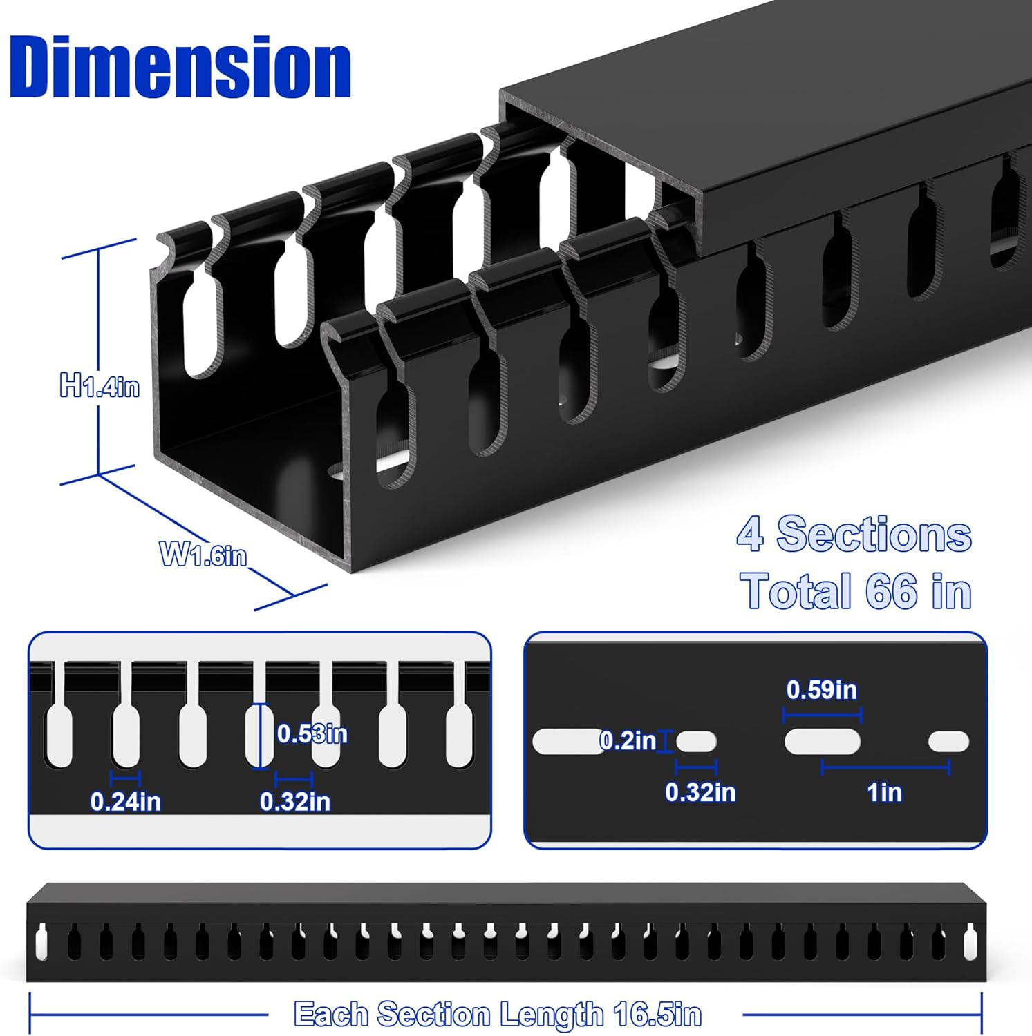 zhiyo h1.4 w1.6in professional server rack cable management raceway, 66in (4x l16.5in) cable raceway kit, electrically safe pvc open slot wire raceway for under desk/computer/network cords, black h35w40 66in black