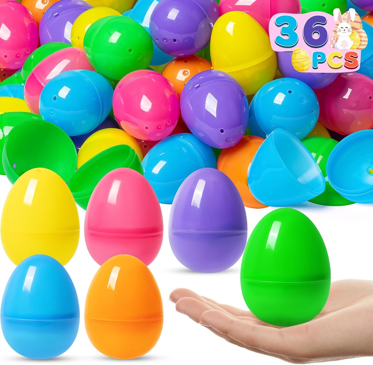 Duchong 36 PCS Plastic Easter Eggs Bulk, 3.15” Large Empty Fillable Eggs for Easter Hunt, Colorful Bright Eggshells with Hinge for Easter Hunt, Basket Stuffers, Themed Decorations