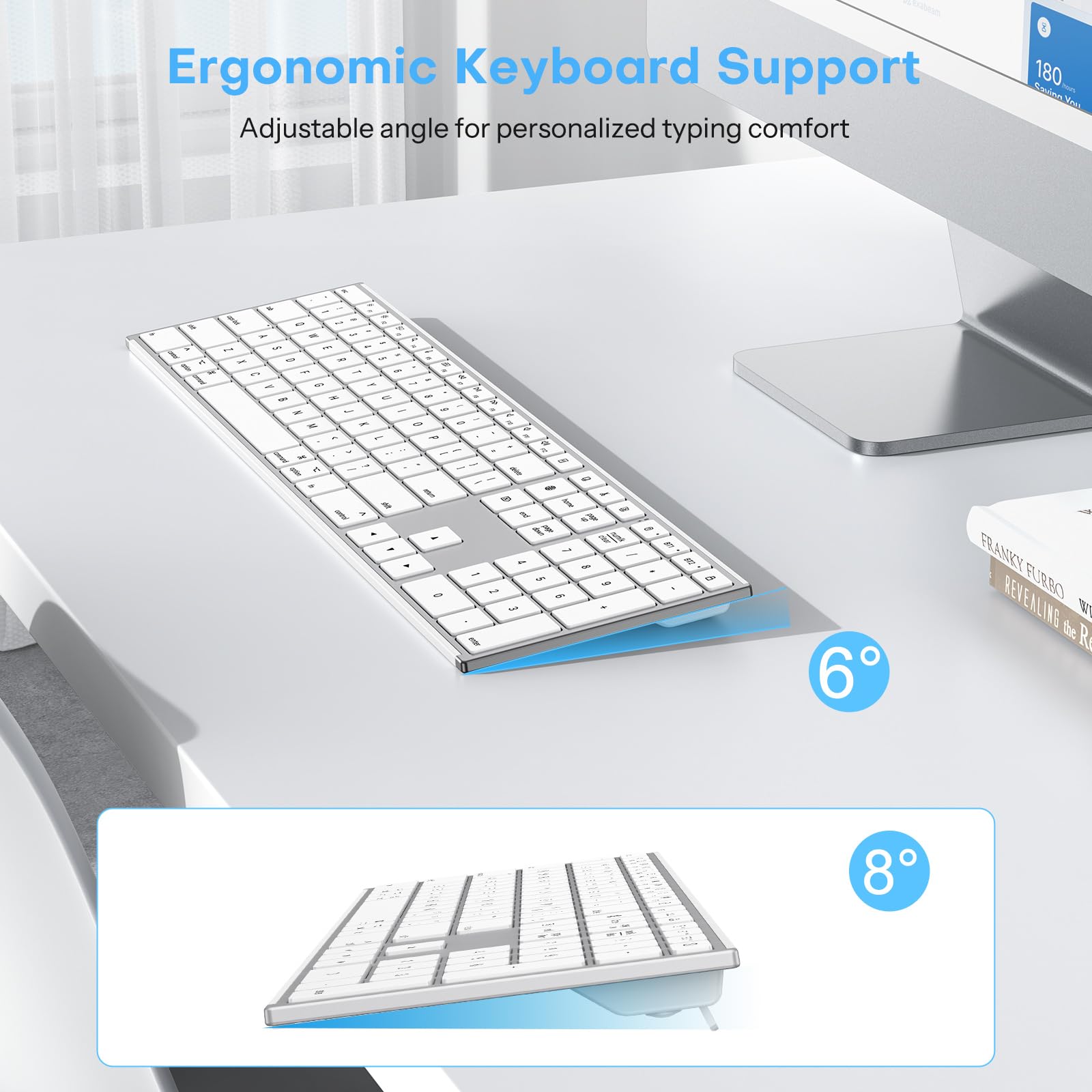 OMOTON Wireless Keyboard for Mac, Dual Bluetooth ＆ 2.4G Triple-Channel Connection, Full Size Premium Metal Frame, Ultra Slim Rechargeable Quiet Keyboard for Mac/MacBook/iMac, Non-Backlit Silver - 4