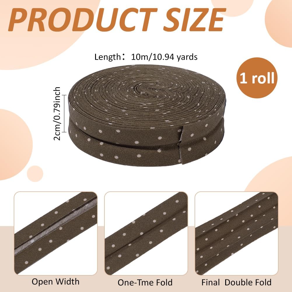 PH PandaHall 10m Dot Double Fold Bias Tape 20mm Wide Cotton Fabric Binding Tape Brown Sewing Tapes White Dot Hemming Tapes for Piping Quilting Seaming Cloth Crafts Garment Accessories