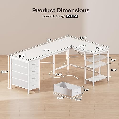 Miniatura 2 de Huuger Escritorio en forma de L de 63 pulgadas con cajones de tela, escritorio reversible para computadora y juegos con tomas de corriente y puerto